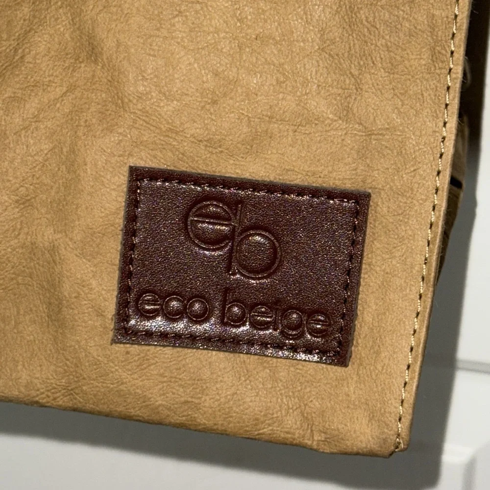 Eco-Beige Brown Leather-Trimmed Brown Paper Bag Crossbody Bag Recycled 9x11x5.5 - Picture 3 of 11